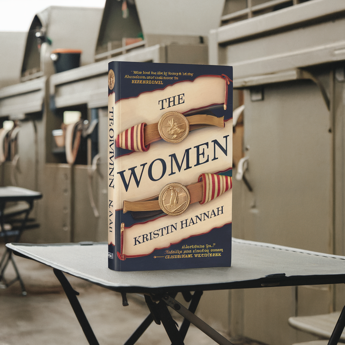 "The Women" by Kristin Hannah book on a table in an industrial setting.