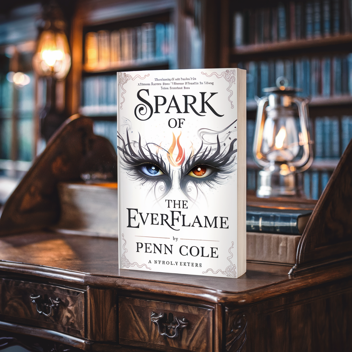 A book titled "Spark of the EverFlame" by Penn Cole is displayed on a wooden desk.