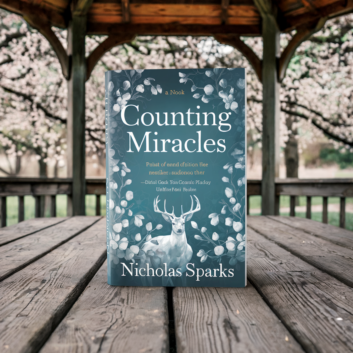 A book titled "Counting Miracles" by Nicholas Sparks is displayed on a wooden table in a gazebo surrounded by blooming trees.