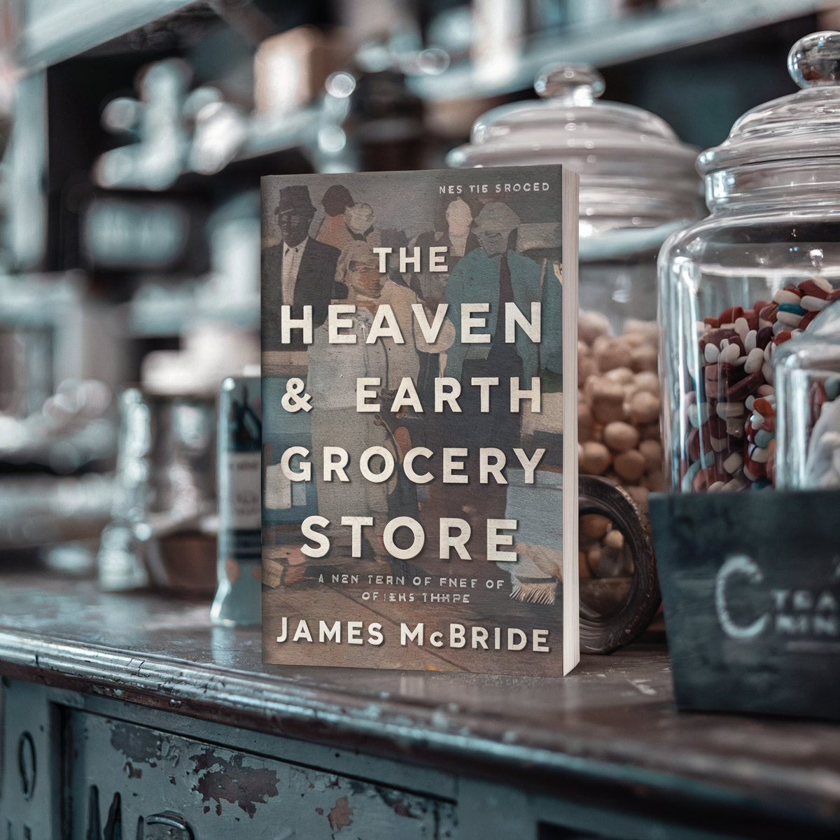 A book titled "The Heaven & Earth Grocery Store" by James McBride is displayed on a wooden counter.