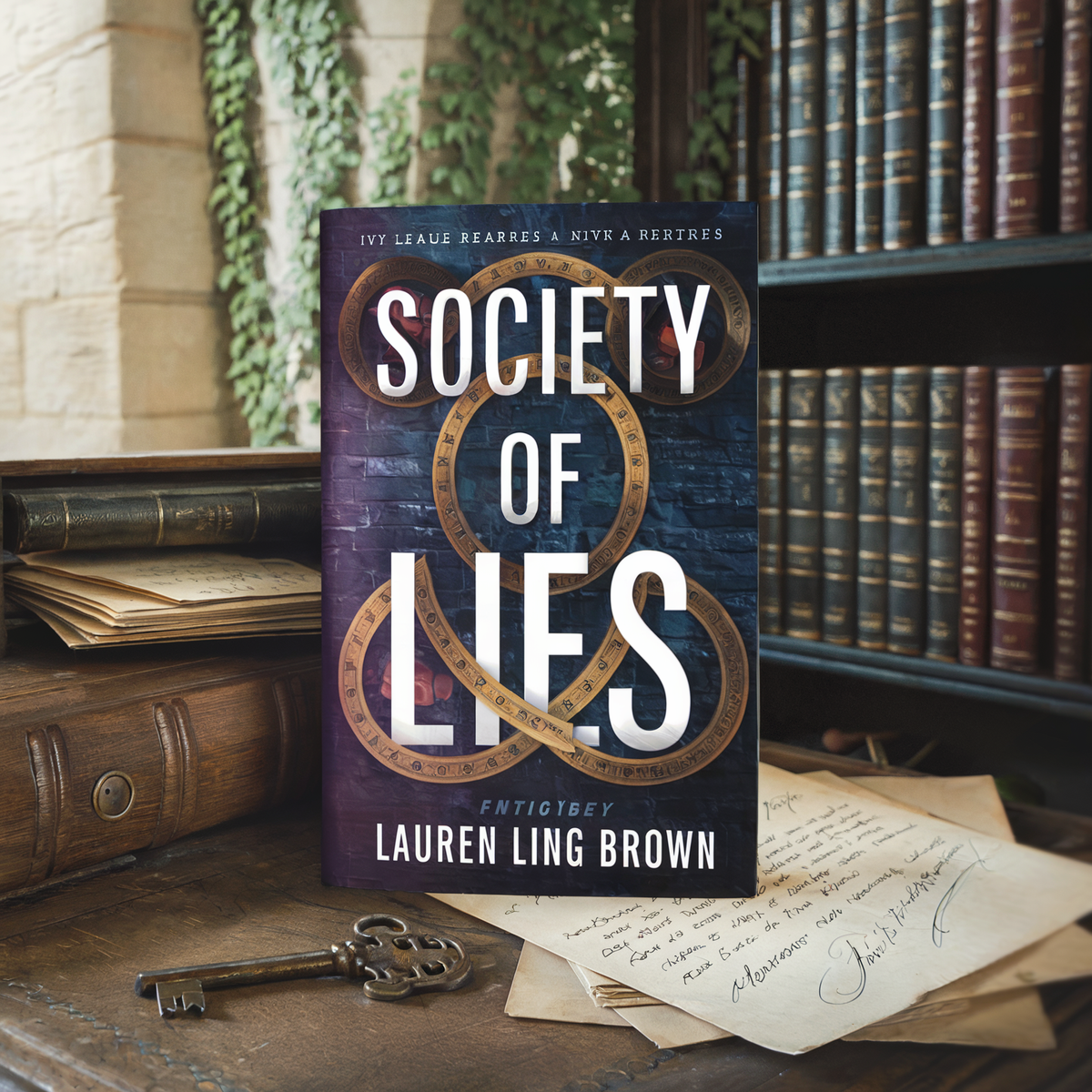 A book titled "Society of Lies" by Lauren Ling Brown displayed on a desk.