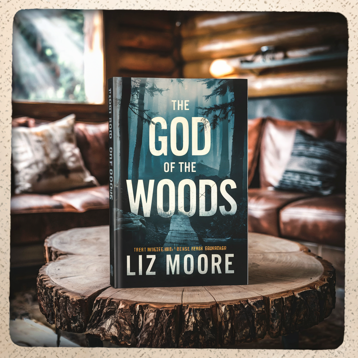 A book titled "The God of the Woods" by Liz Moore is displayed on a wooden table.