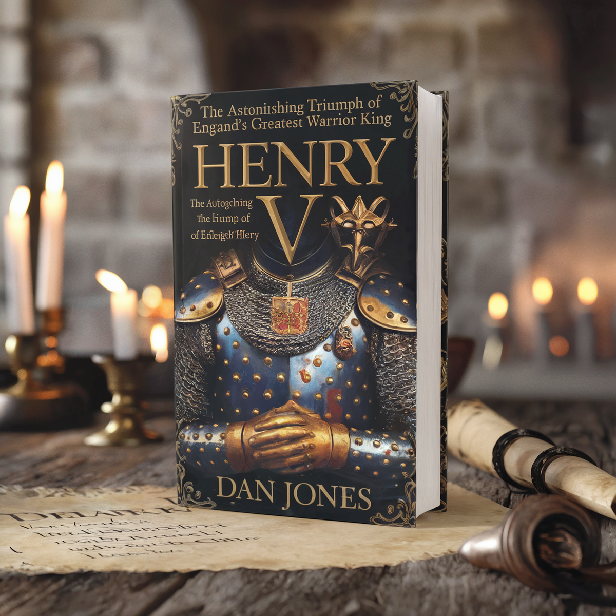 A book titled "Henry V" by Dan Jones, featuring a knight in armor on the cover, placed on a wooden table.