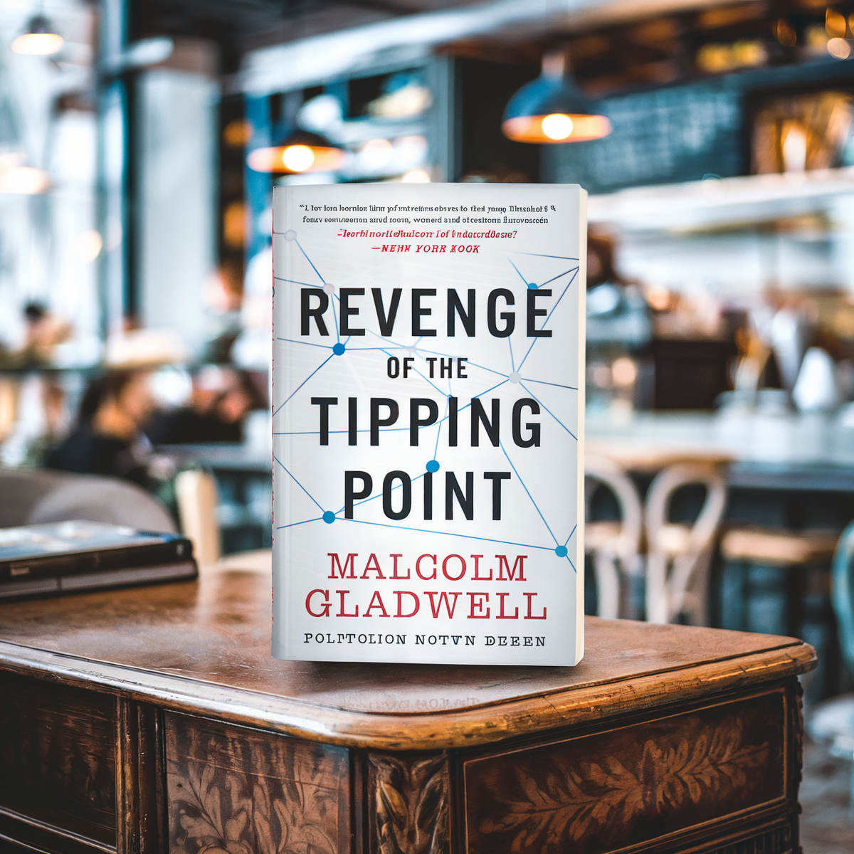 A book titled "Revenge of the Tipping Point" by Malcolm Gladwell is displayed on a wooden table.