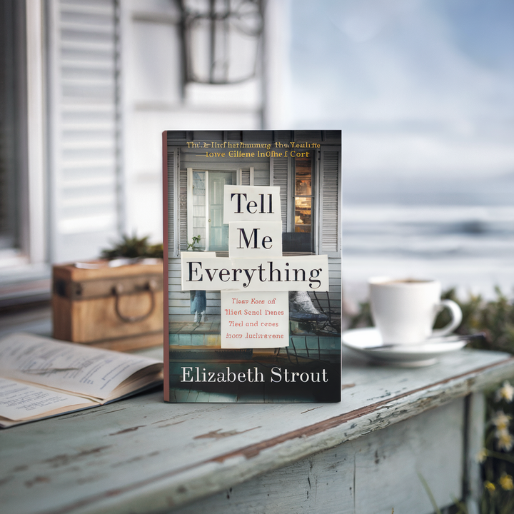 A book titled "Tell Me Everything" by Elizabeth Strout on a rustic table beside a cup of coffee.