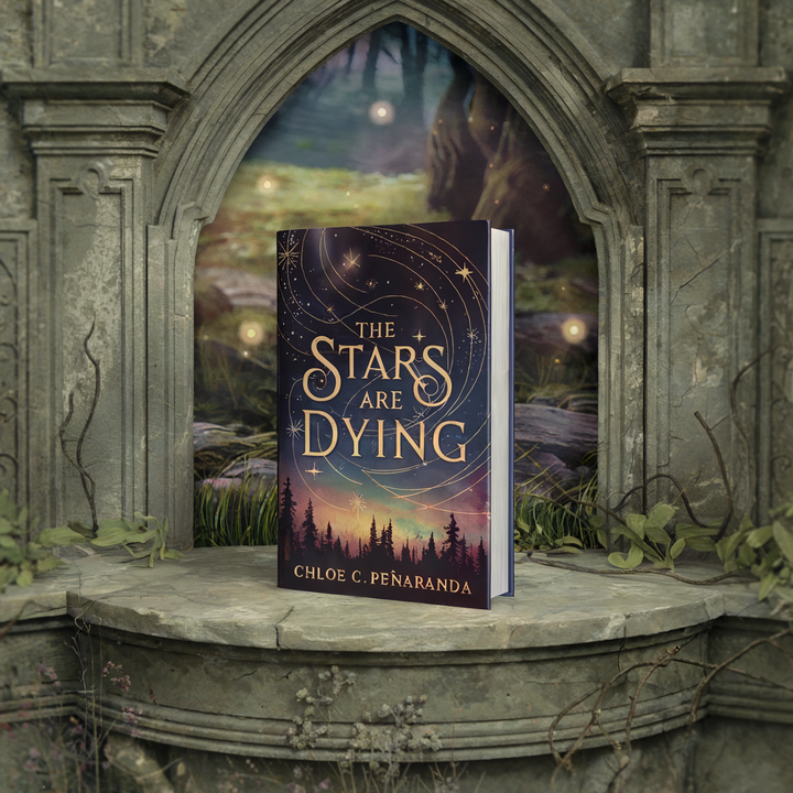 A book titled "The Stars Are Dying" by Chloe C. Peñaranda is displayed in a mystical, forest-like setting.