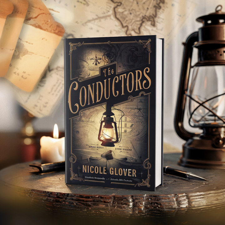 A book titled "The Conductors" by Nicole Glover is displayed on a wooden table.