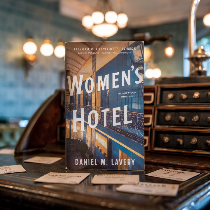 A book titled "Women's Hotel" by Daniel M. Lavery displayed on a wooden table.