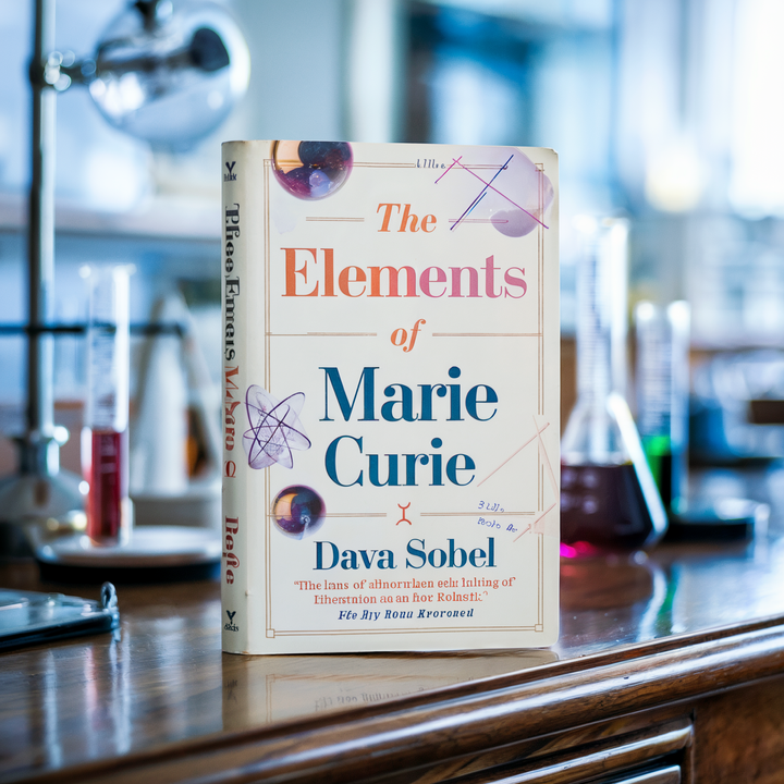 A book titled "The Elements of Marie Curie" by Dava Sobel is displayed on a wooden table.