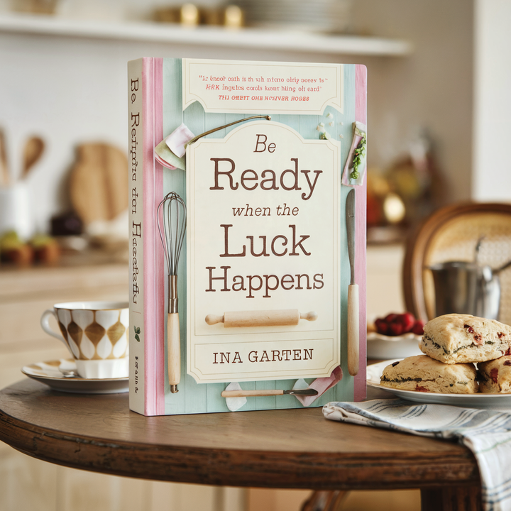 A cookbook titled "Be Ready When the Luck Happens" by Ina Garten sits on a wooden table.